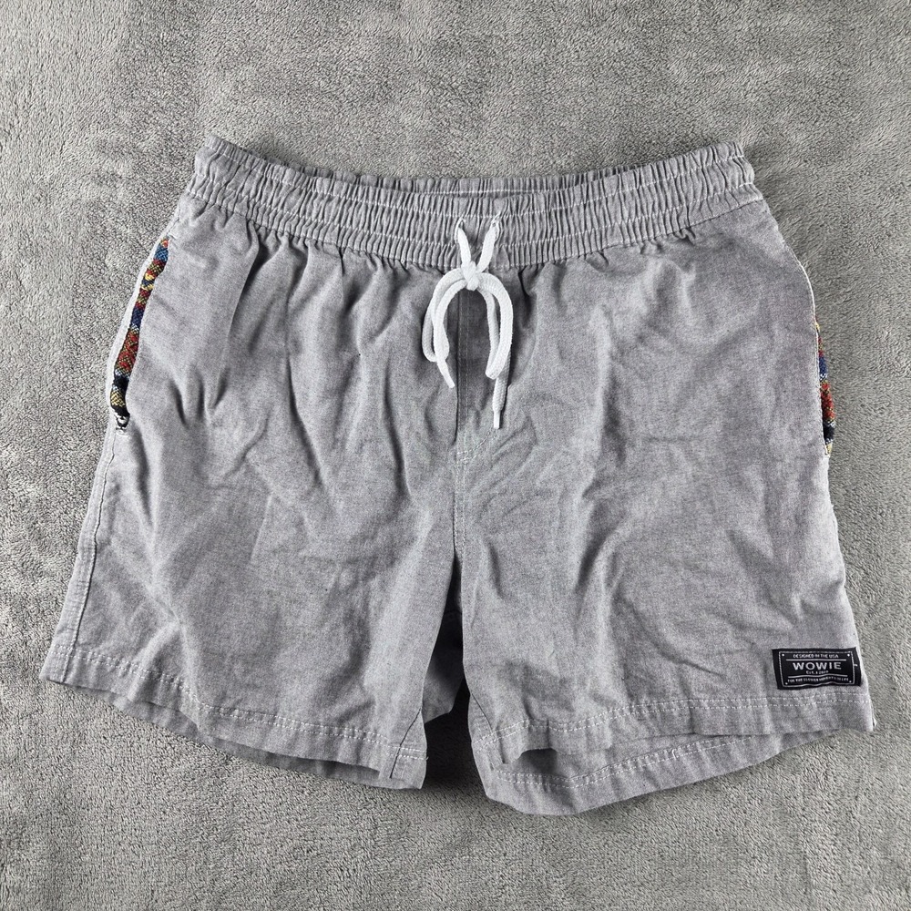 Wowie Men's Medium Gray Cotton Drawstring Shorts W/Aztec Trim On Pockets